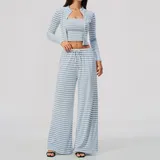 Pale Blue White Women's Striped Running Yoga Set 3 Piece Breathable