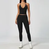 MS5575-2 · Jet Black Jet Black Tummy Control Supportive Women's Yoga Set Halter Neck