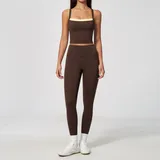 Deep Brown Yellow Clash Women's Fitness Yoga Activewear Set Cross Back Backless