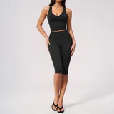 Jet Black Women's V Neck Yoga Set 2 Piece Fitted