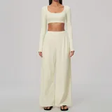 Cream Almond Women's Brushed Slimming Yoga Activewear Set Wide Leg