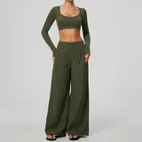 Olive Green Women's Brushed Slimming Yoga Activewear Set Wide Leg