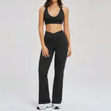 Jet Black Women's Backless Performance Yoga Activewear Set Flared Fitted