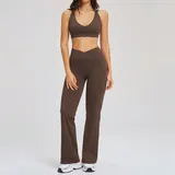 Coffee Women's Backless Performance Yoga Activewear Set Flared Fitted