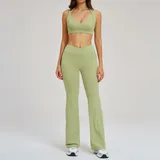 Bean Paste Green Women's Backless Performance Yoga Activewear Set Flared Fitted