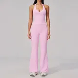 NS2557-1 · Sakra Pink Sakra Pink Women's Backless Ribbed Yoga Set V Neck Fitted