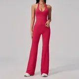 NS2557-3 · Vivid Red Vivid Red Women's Backless Ribbed Yoga Set V Neck Fitted