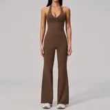 NS2557-4 · Jujube Brown Jujube Brown Women's Backless Ribbed Yoga Set V Neck Fitted