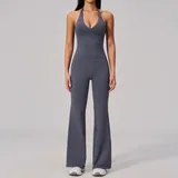 Blue Grey Women's Backless Ribbed Yoga Set V Neck Fitted