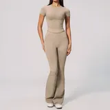 Light Khaki Women's Fitted Pilates Yoga Activewear Set Wide Leg