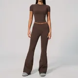 Red Brown Women's Fitted Pilates Yoga Activewear Set Wide Leg