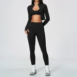 Jet Black Women's Seamless Fitness Yoga Activewear Set Backless Strappy