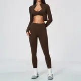 Ink Brown Women's Seamless Fitness Yoga Activewear Set Backless Strappy