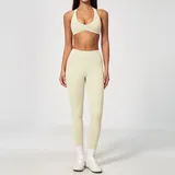 Cream White Tummy Control Backless Women's Yoga Set Deep V