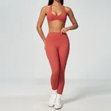 Apple Red Tummy Control Backless Women's Yoga Set Deep V