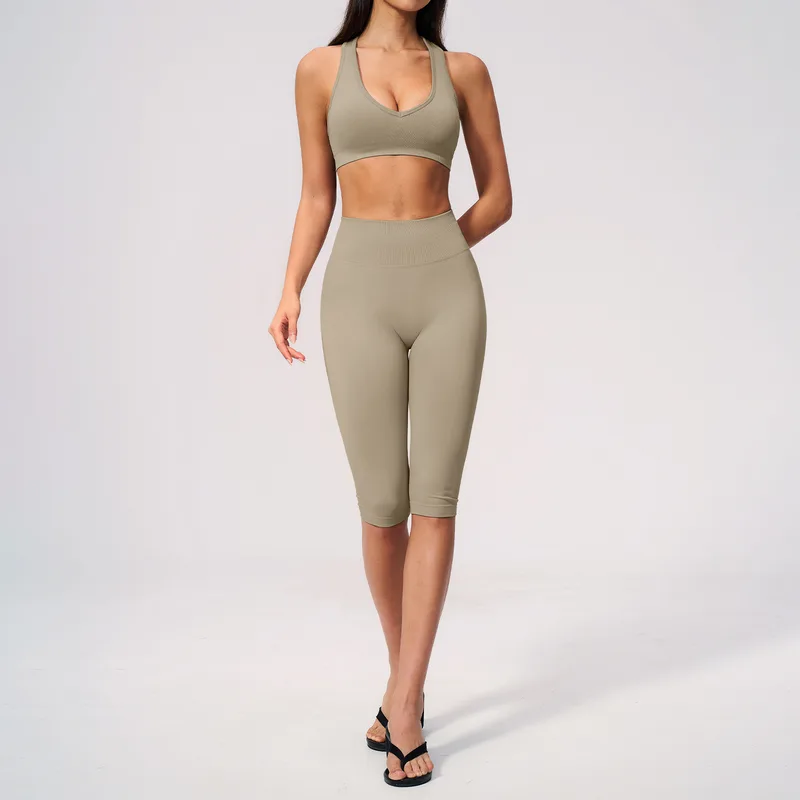 V Neck Women's Yoga Activewear Set Seamless Fitted
