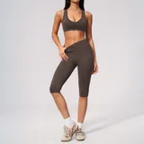 Dark Brown Color V Neck Women's Yoga Activewear Set Seamless Fitted