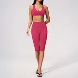 Raspberry Red V Neck Women's Yoga Activewear Set Seamless Fitted