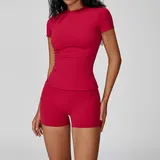 NS8455-3 · Raspberry Red Raspberry Red Women's Yoga Set Brushed Outdoor Crew Neck Fitted with Shorts