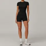 NS8455-5 · Jet Black Jet Black Women's Yoga Set Brushed Outdoor Crew Neck Fitted with Shorts