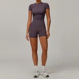 NS8455-7 · Eggplant Purple Eggplant Purple Women's Yoga Set Brushed Outdoor Crew Neck Fitted with Shorts