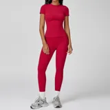 Raspberry Red Women's Yoga Set Brushed Outdoor Crew Neck Fitted with Long Pants