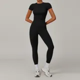 Jet Black Women's Yoga Set Brushed Outdoor Crew Neck Fitted with Long Pants