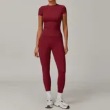 Cherry Red Women's Yoga Set Brushed Outdoor Crew Neck Fitted with Long Pants
