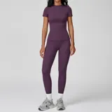 NSA8455-7 · Eggplant Purple Eggplant Purple Women's Yoga Set Brushed Outdoor Crew Neck Fitted with Long Pants