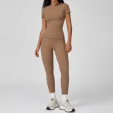 Mocha Brown Women's Yoga Set Brushed Outdoor Crew Neck Fitted with Long Pants