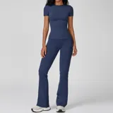 Badge Blue Women's Yoga Set Brushed Outdoor Crew Neck Fitted with Flared Pants