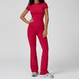 Raspberry Red Women's Yoga Set Brushed Outdoor Crew Neck Fitted with Flared Pants