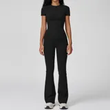 Jet Black Women's Yoga Set Brushed Outdoor Crew Neck Fitted with Flared Pants