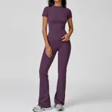 Eggplant Purple Women's Yoga Set Brushed Outdoor Crew Neck Fitted with Flared Pants