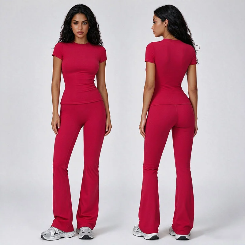 Women's Yoga Set Brushed Outdoor Crew Neck Fitted with Flared Pants