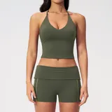 Moss Green Women's Yoga Activewear Set Halter Neck Backless Fitted
