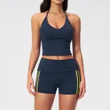 Navy Blue Women's Yoga Activewear Set Halter Neck Backless Fitted