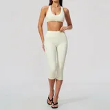 Cream White Brushed Butt Lifting Women's Yoga Set Capri Length