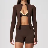 Deep Brown Yellow Clash Women's Yoga Set Quick Dry Running 3 Piece