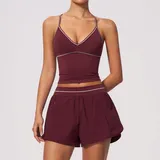 Burgundy Women's Brushed Active Yoga Activewear Set V Neck