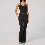 Jet Black Seamless High Stretch Women's Yoga Set Crew Neck