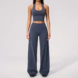 Navy Blue Women's Backless Running Yoga Set 2 Piece Slimming