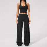 Jet Black Women's Backless Running Yoga Set 2 Piece Slimming