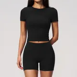 Jet Black Women's Fitted Slimming Yoga Activewear Set High Waist