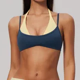 Teal Blue & Yellow Women's Layered Running Supportive Bra Halter Neck Brushed