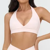 Pale Pink Women's Running Supportive Sports Bra V Neck Backless