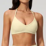 Cream Yellow Women's Brushed Running Supportive Sports Bra Halter Neck