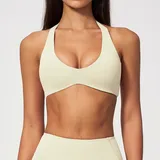 Cream White Women's Brushed Backless Supportive Sports Bra V Neck