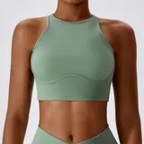 Basil Green Women's Backless Ribbed Supportive Bra Tank Fitted Cutout