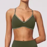 Olive Green Women's Yoga Supportive Sports Bra V Neck Backless